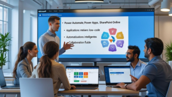 training course Power Apps Power Platform training illustration: Power Apps and Power Automate: Automate and create without coding Manage your data, automate your processes, and build apps without code with Power BI, Power Apps, Power Automate. Power Automate Training